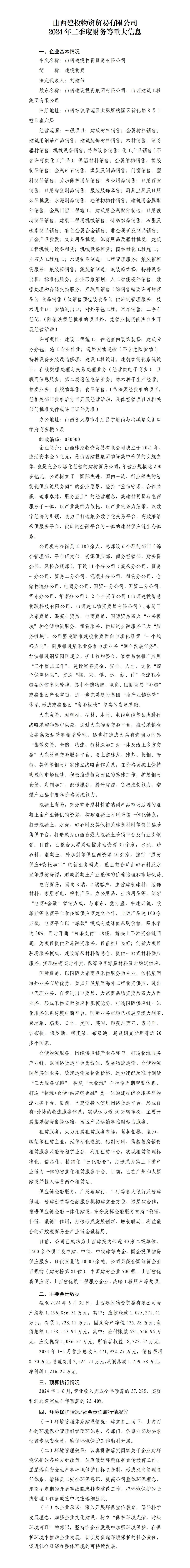山西建投物资商业有限公司及其所属子企业2024年二季度财务等重大信息-402cc永利集团