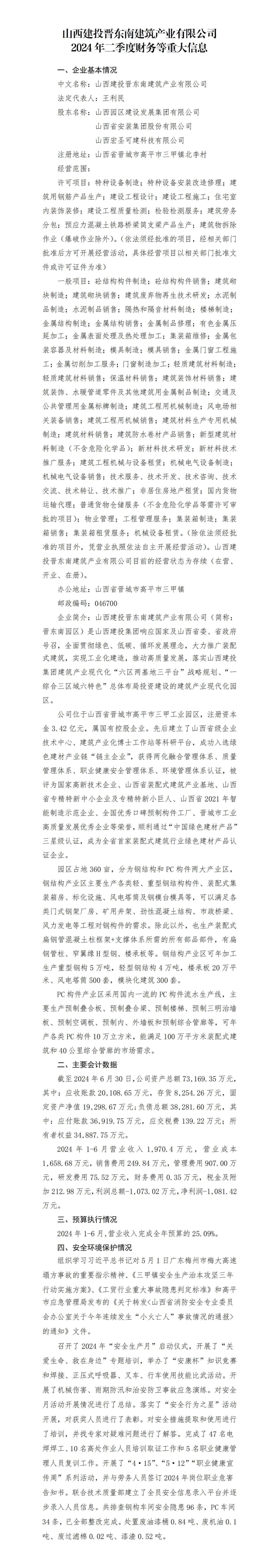 山西建投晋东南修建工业有限公司2024年二季度财务等重大信息-402cc永利集团