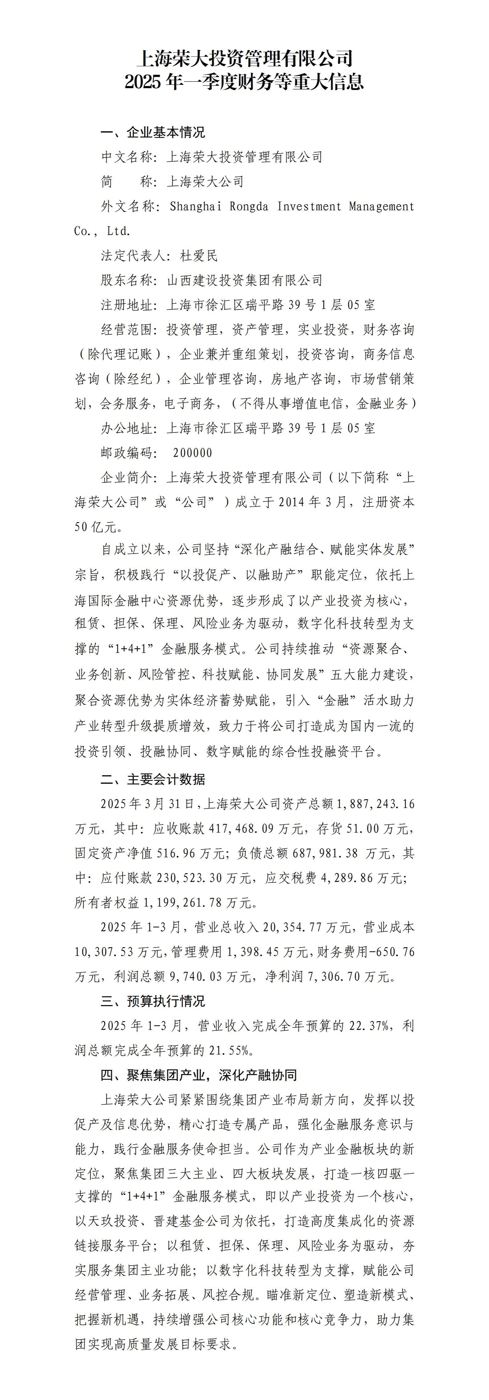 上海荣大投资治理有限公司及所属子公司2025年一季度财务等重大信息-402cc永利集团