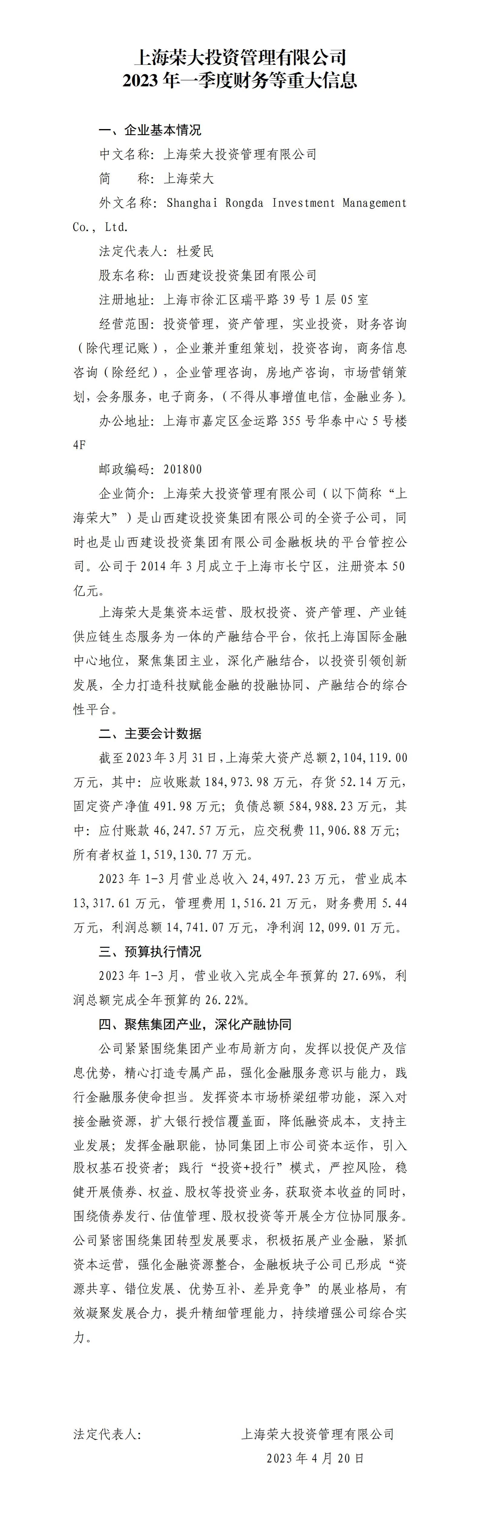 上海荣大投资治理有限公司2023年一季度财务等重大信息