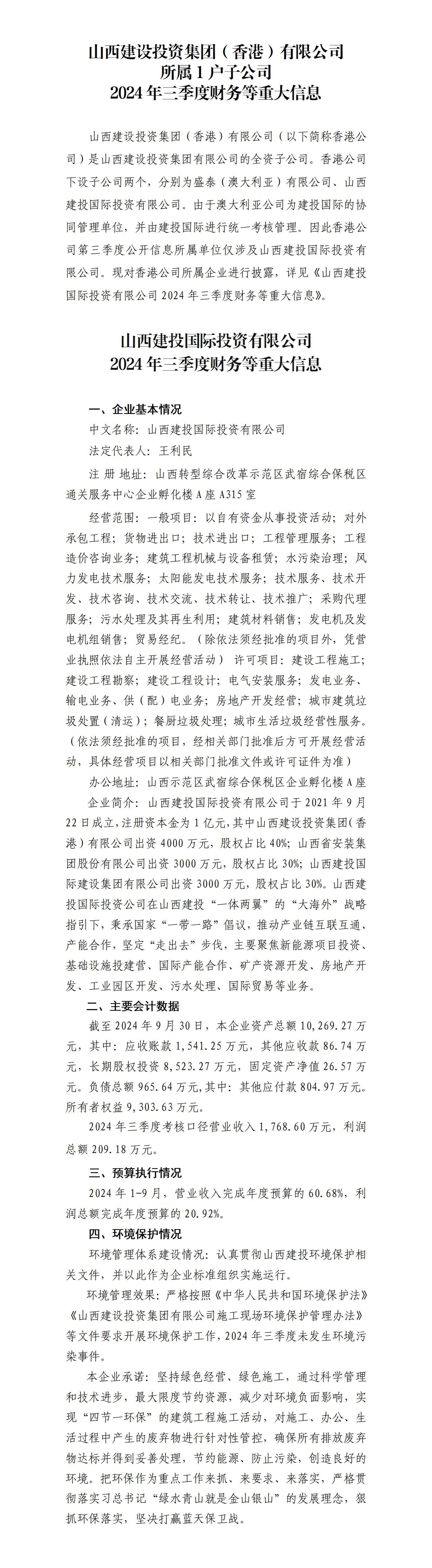 山西402cc永利集团投资集团（香港）有限公司及子公司2024年三季度财务等重大信息-402cc永利集团