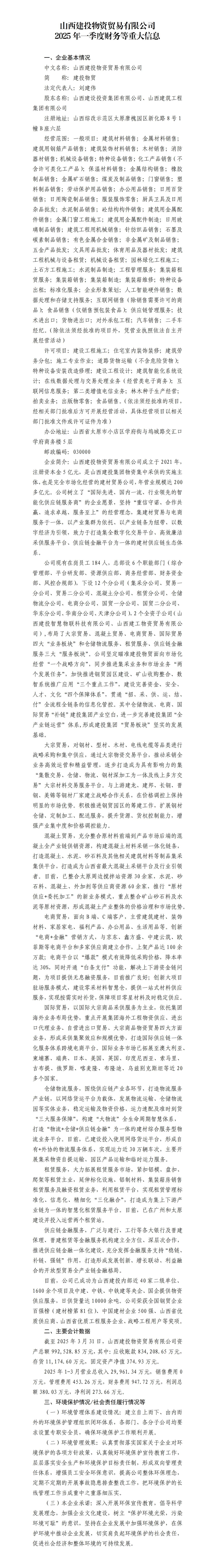山西建投物资商业有限公司及其子公司2025年一季度财务等重大信息-402cc永利集团