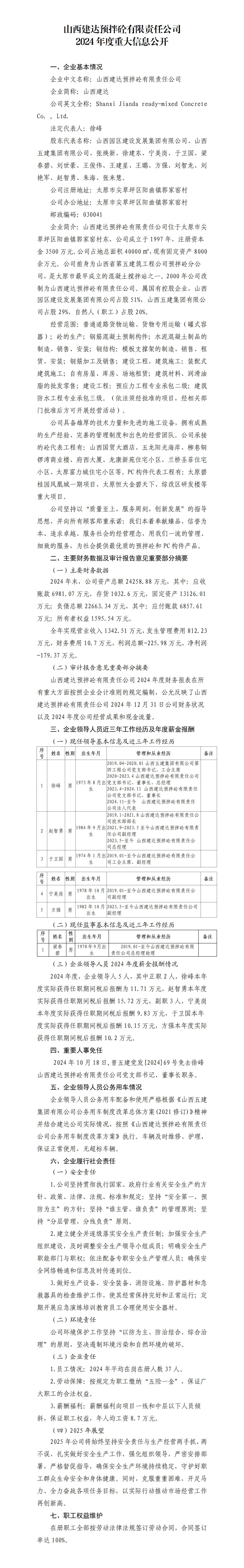 山西建达预拌砼有限责任公司2024年度企业重大信息果真-402cc永利集团