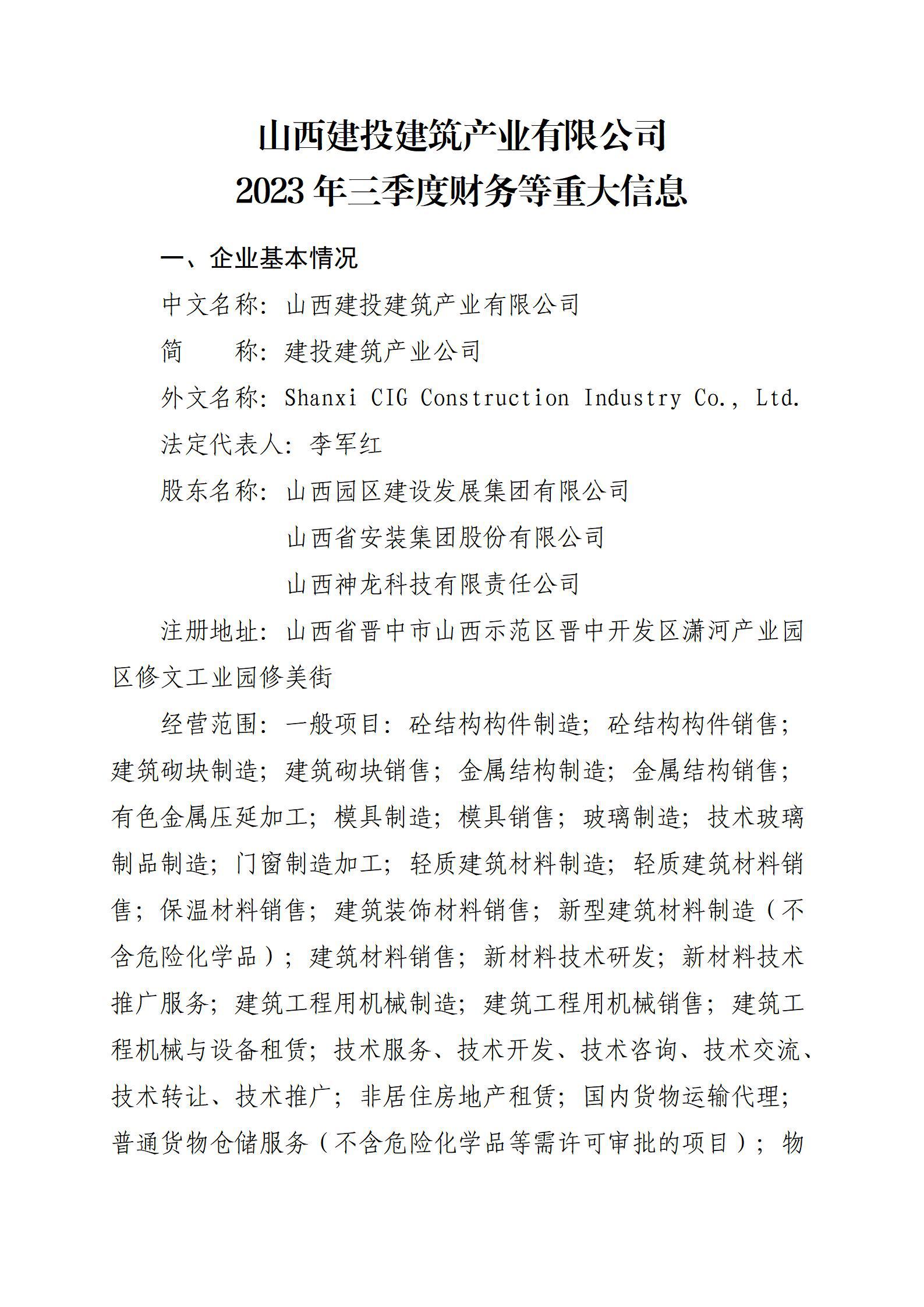 山西建投修建工业有限公司2023年三季度财务等重大信息