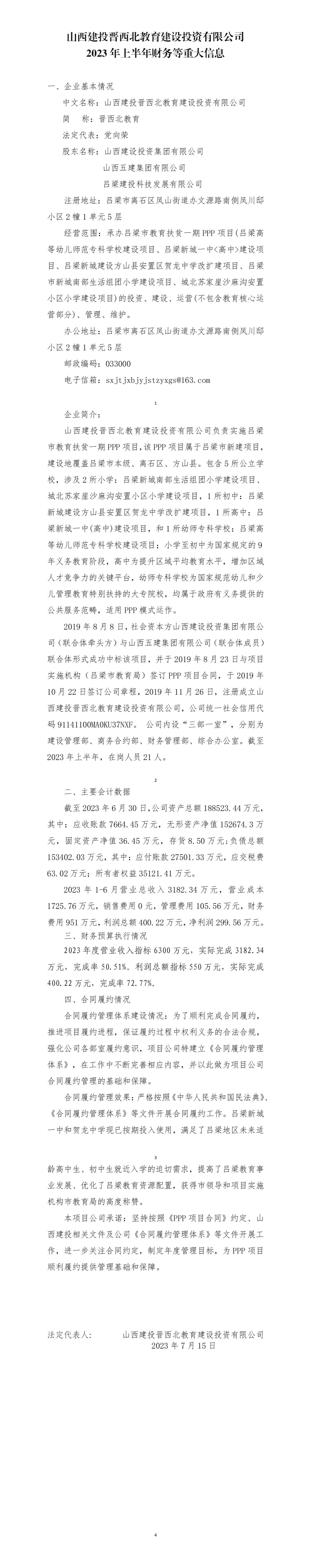 山西建投晋西北教育402cc永利集团投资有限公司2023年上半年财务等重大信息