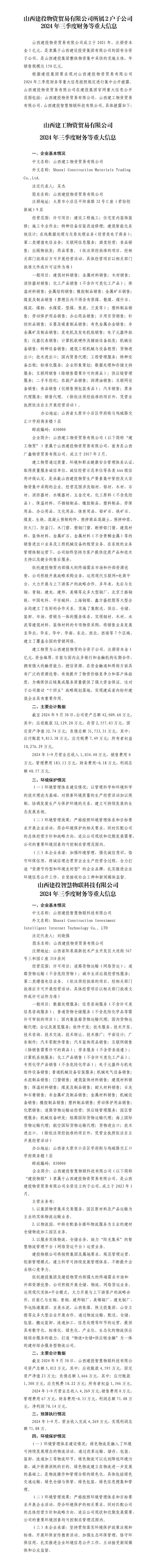 山西建投物资商业有限公司及子公司2024年三季度财务等重大信息-402cc永利集团