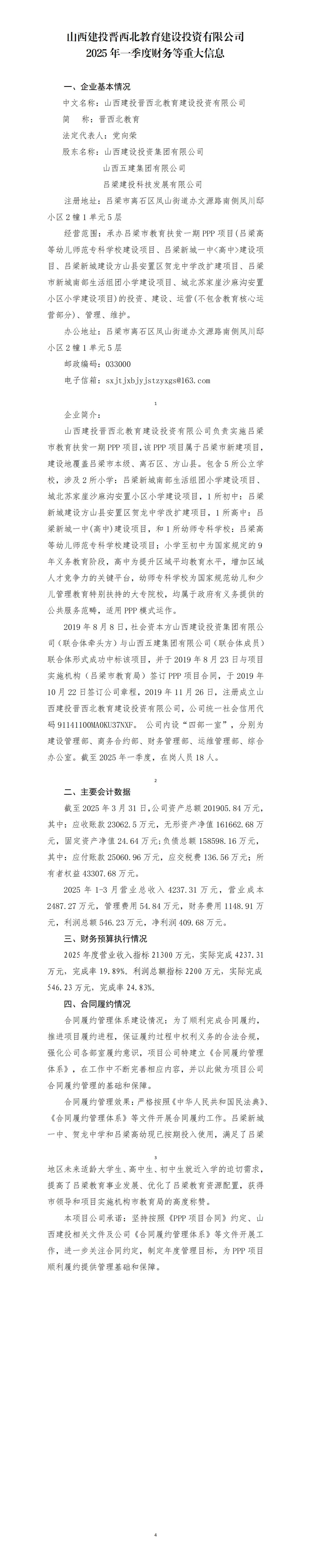 山西建投晋西北教育402cc永利集团投资有限公司2025年一季度财务等重大信息-402cc永利集团