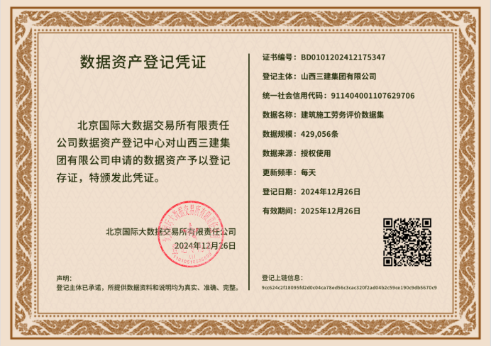 山西建投三建集团乐成实现天下首例修建施工劳务数据资产入表并挂号-402cc永利集团