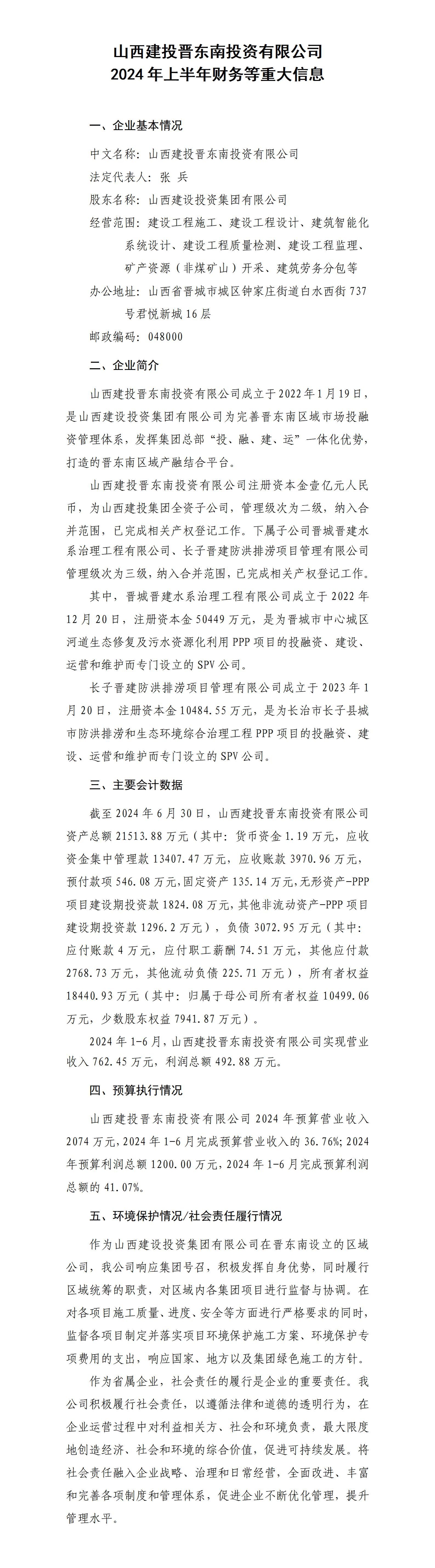 山西建投晋东南投资有限公司2024年上半年财务等重大信息果真-402cc永利集团