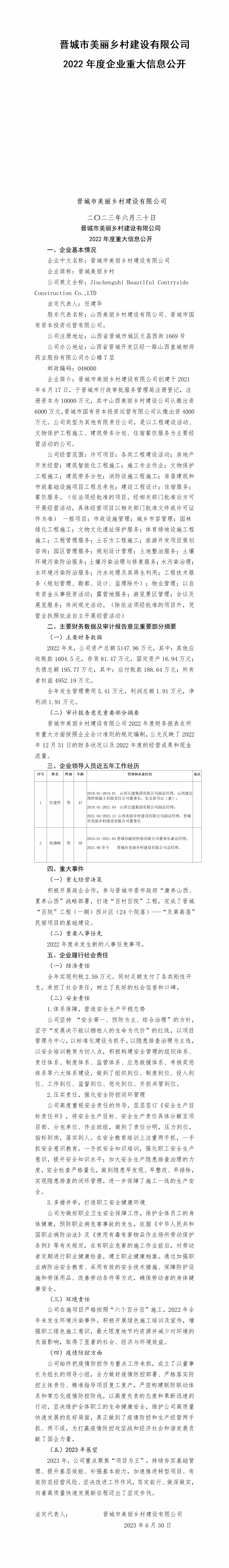 山西漂亮墟落402cc永利集团有限公司2022年度企业重大信息果真-402cc永利集团