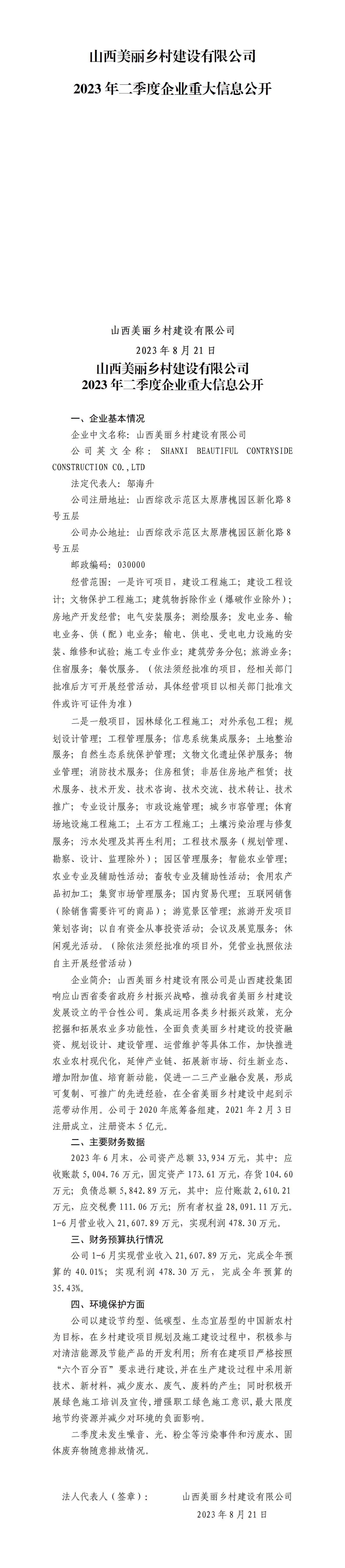 山西漂亮墟落402cc永利集团有限公司2023年二季度企业重大信息果真