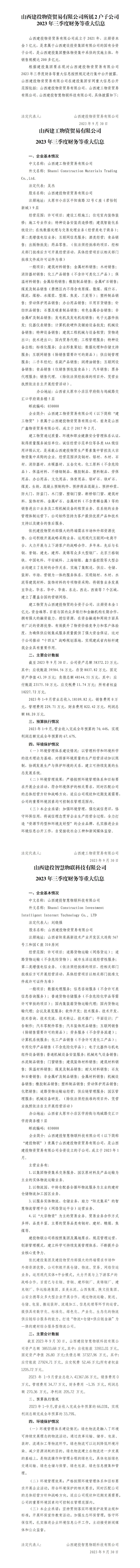 山西建投物资商业有限公司2023年三季度财务等重大信息-402cc永利集团