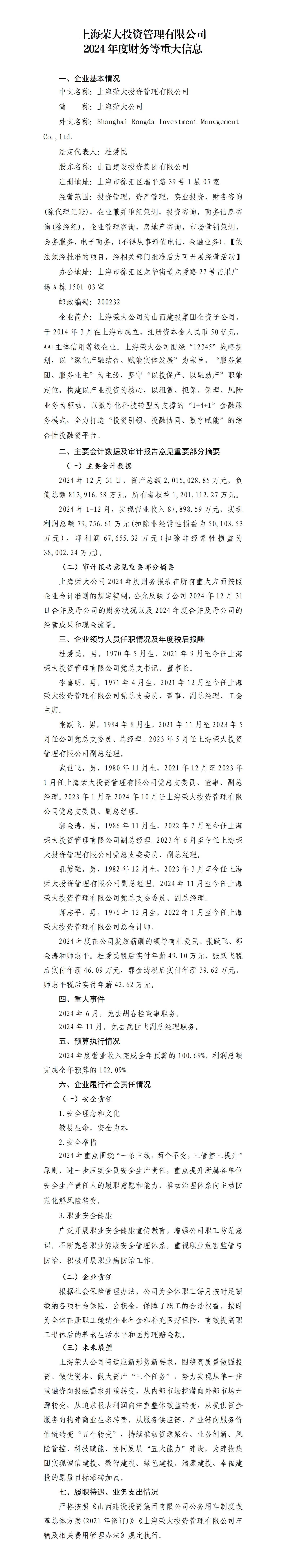 上海荣大投资治理有限公司及其子公司2024年度财务等重大信息-402cc永利集团