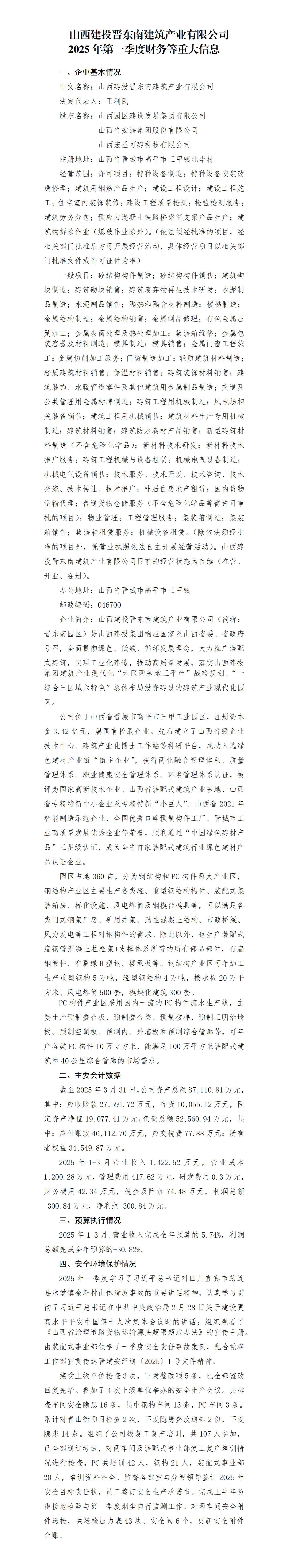 山西建投晋东南修建工业有限公司2025年一季度财务等重大信息果真-402cc永利集团
