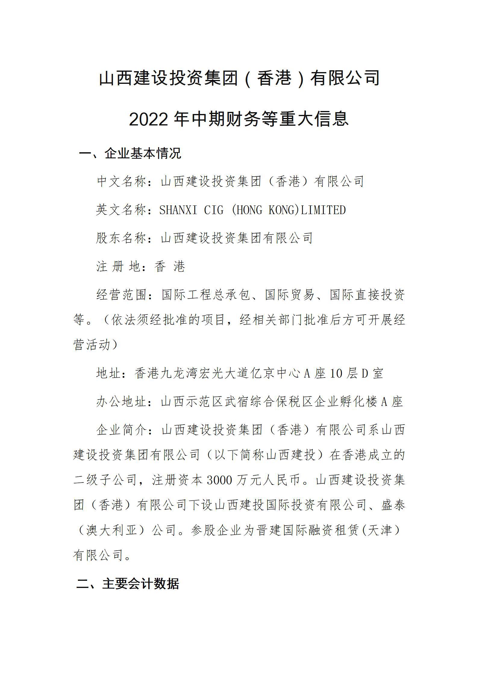 山西402cc永利集团投资集团（香港）有限公司2022年中期财务等重大信息