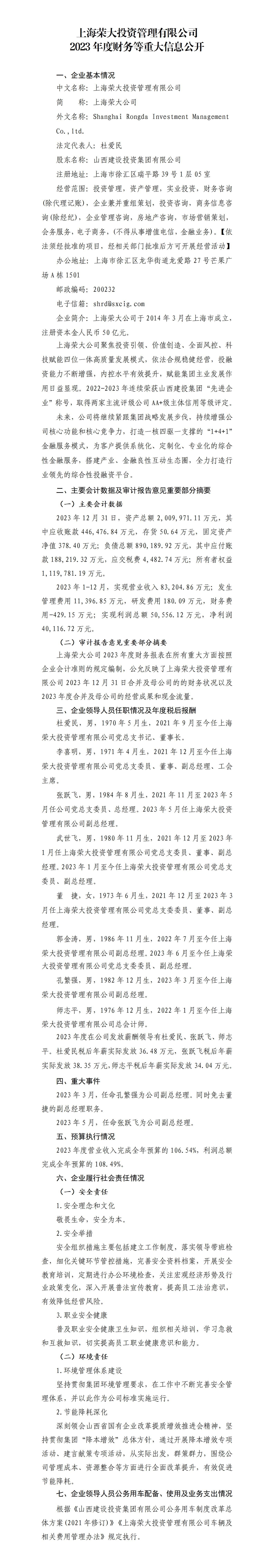上海荣大投资治理有限公司及其子公司2023年度财务等重大信息果真-402cc永利集团