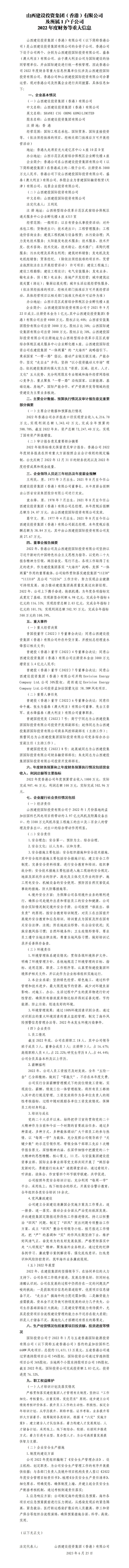 山西402cc永利集团投资集团（香港）有限公司及所属1户子公司 2022年度财务等重大信息-402cc永利集团