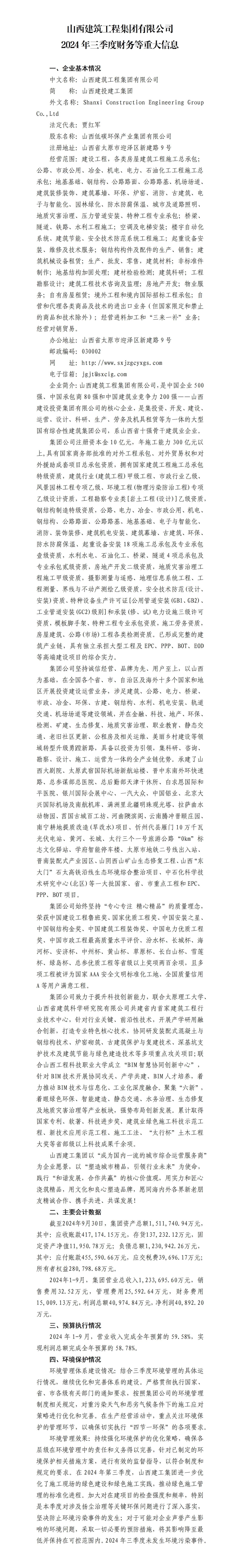 山西修建工程集团有限公司2024年三季度财务等重大信息-402cc永利集团