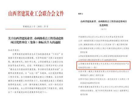 太原国投信息工业立异园项目部（一期）获山西省修建业省、市两级重点工程劳动竞赛项目先进班组