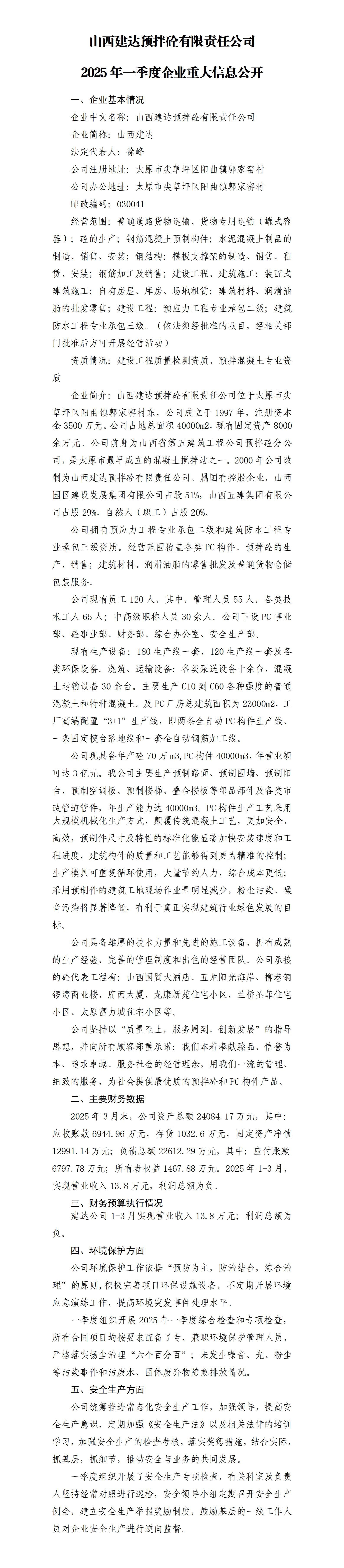 山西建达预拌砼有限责任公司2025年一季度企业重大信息果真-402cc永利集团