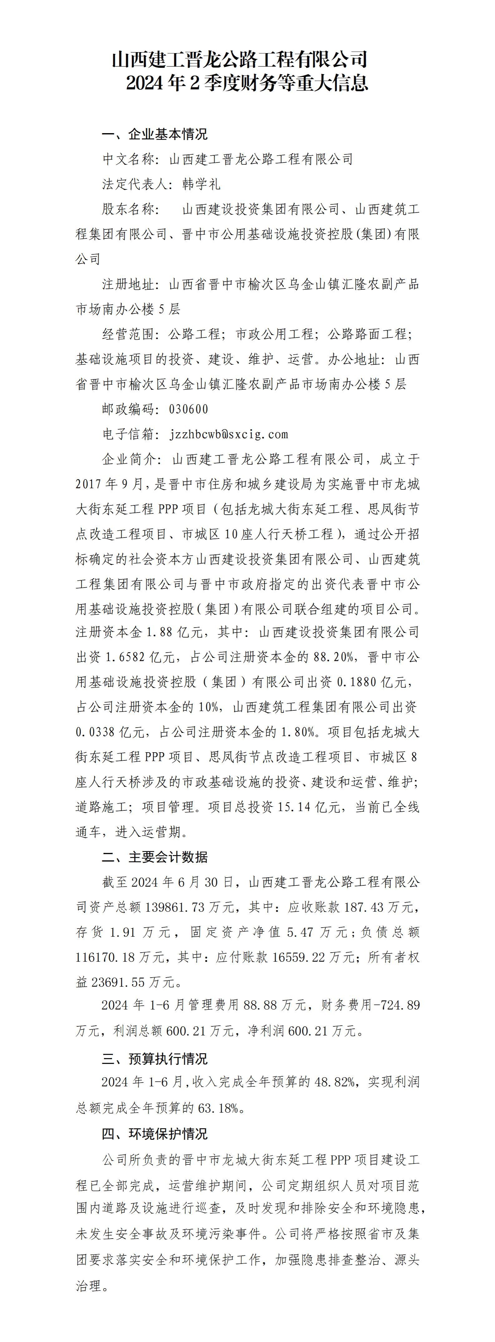 山西建工晋龙公路工程有限公司2024年二季度财务等重大信息果真-402cc永利集团