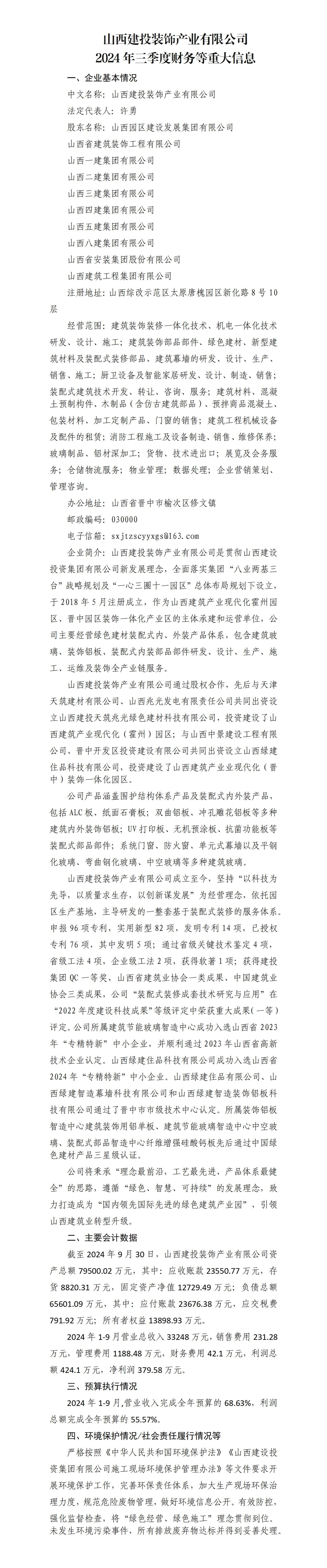 山西建投装饰工业有限公司2024年三季度财务等重大信息-402cc永利集团