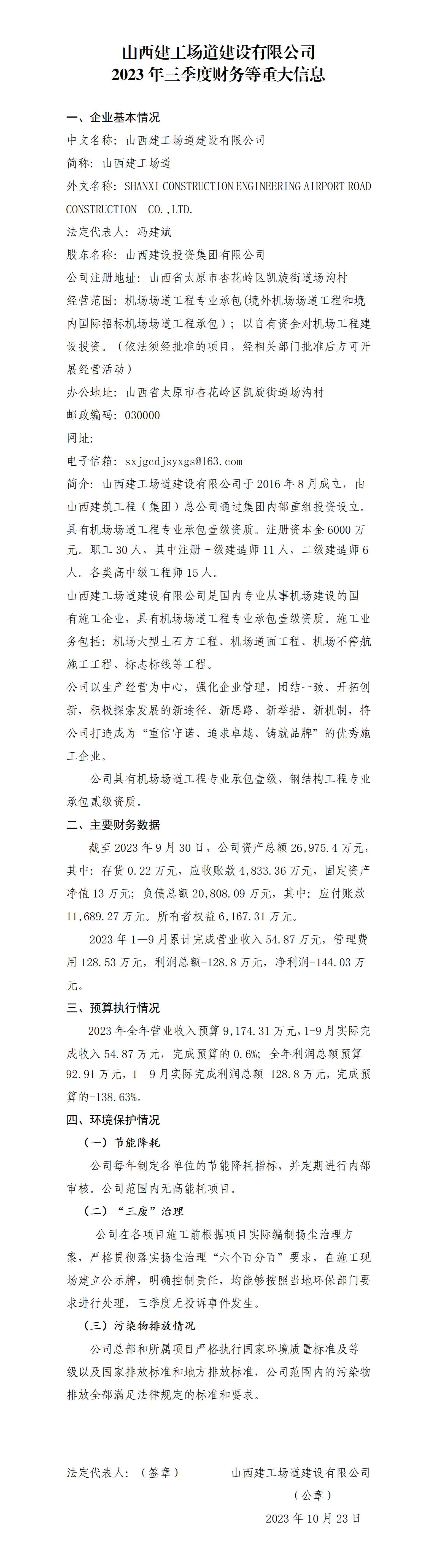 山西建工厂道402cc永利集团有限公司2023年三季度财务等重大信息