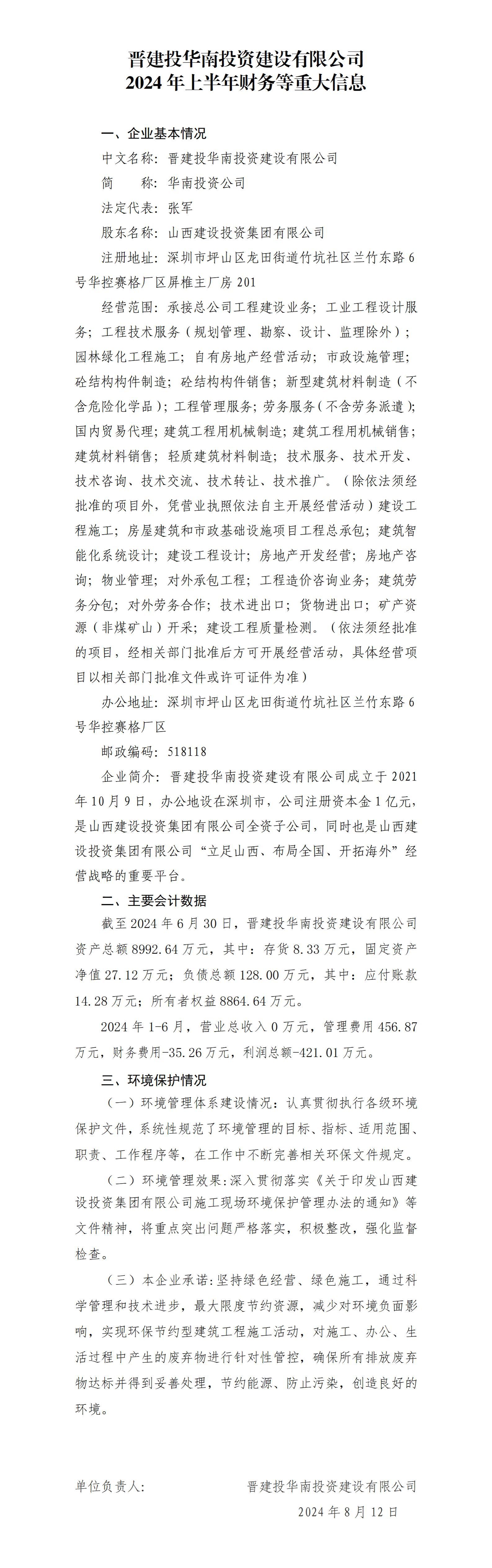 晋建投华南投资402cc永利集团有限公司2024年上半年财务等重大信息