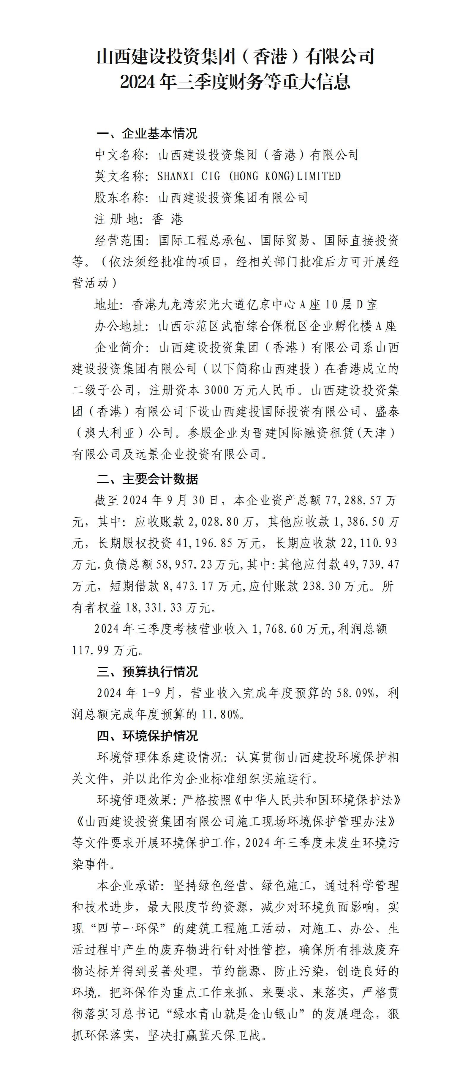 山西402cc永利集团投资集团（香港）有限公司及子公司2024年三季度财务等重大信息-402cc永利集团