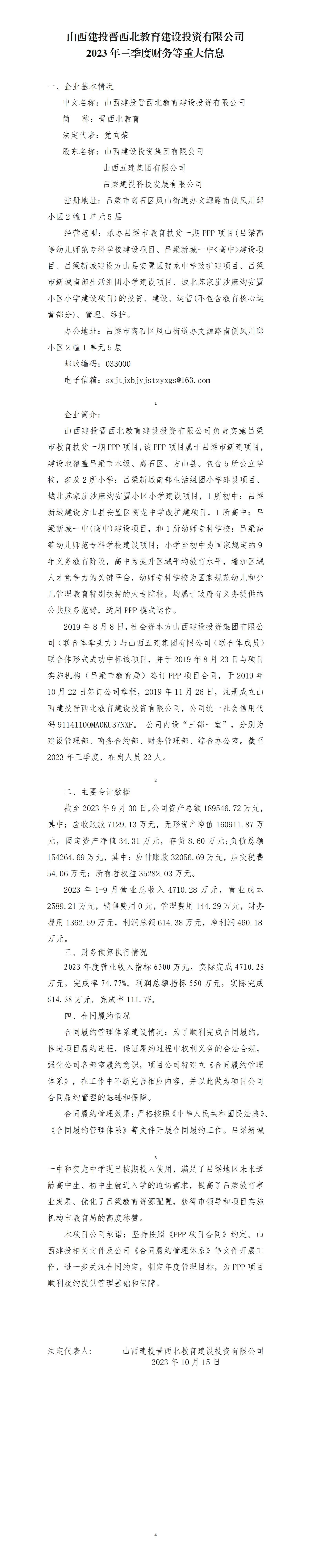 山西建投晋西北教育402cc永利集团投资有限公司2023年三季度财务等重大信息