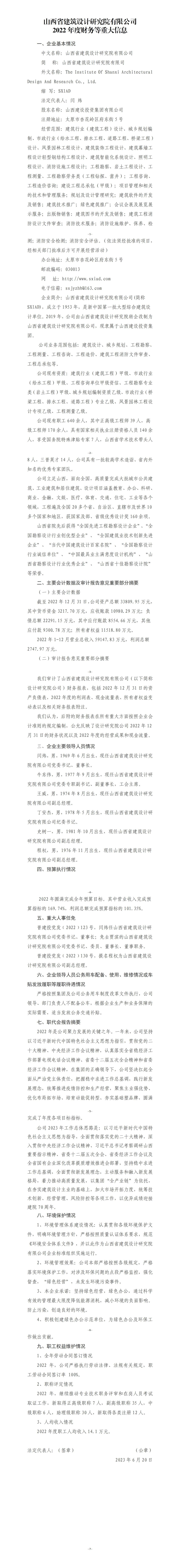 山西省修建设计研究院有限公司2022年度财务等重大信息