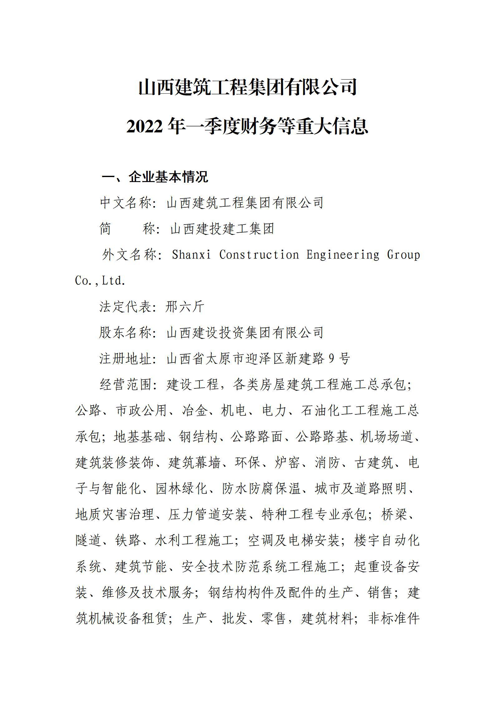 山西修建工程集团有限公司2022年一季度财务等重大信息