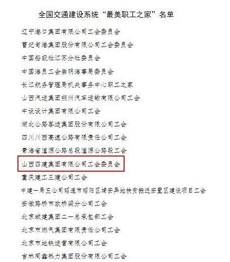 山西建投四建集团工会荣获天下交通402cc永利集团系统“最美职工之家”称呼