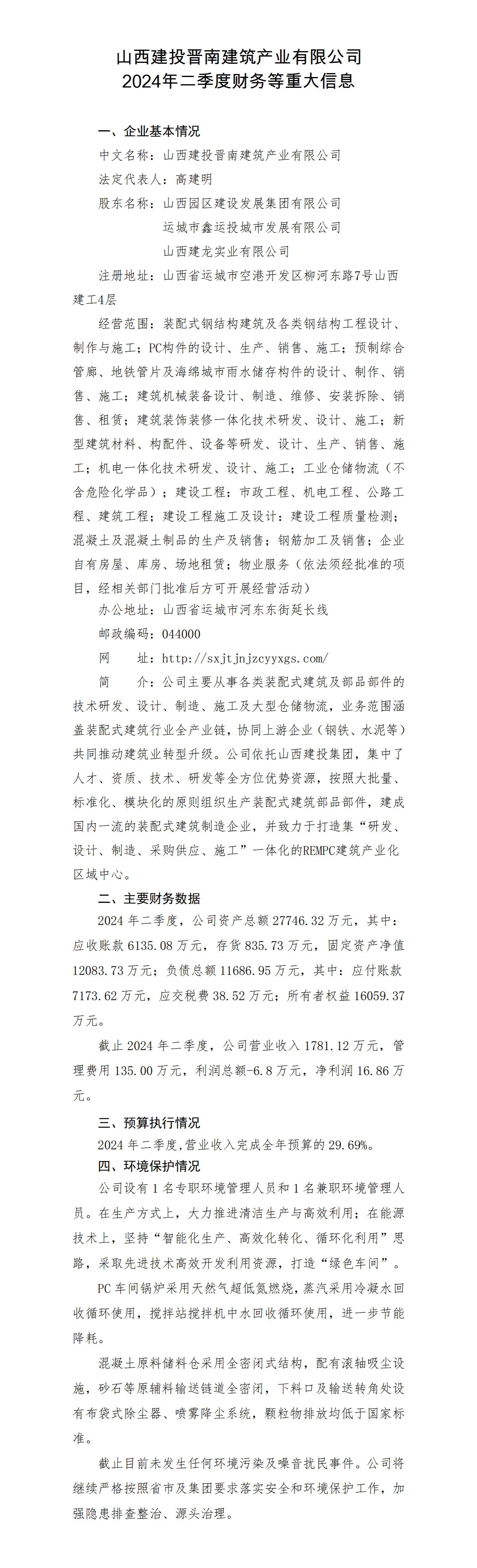山西建投晋南修建工业有限公司2024年二季度财务等重大信息-402cc永利集团